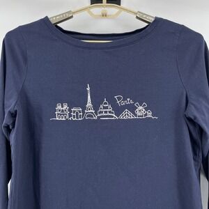 Talbots Plus Women's 1X Long Sleeve T-shirt Navy Blue Paris Embroidered